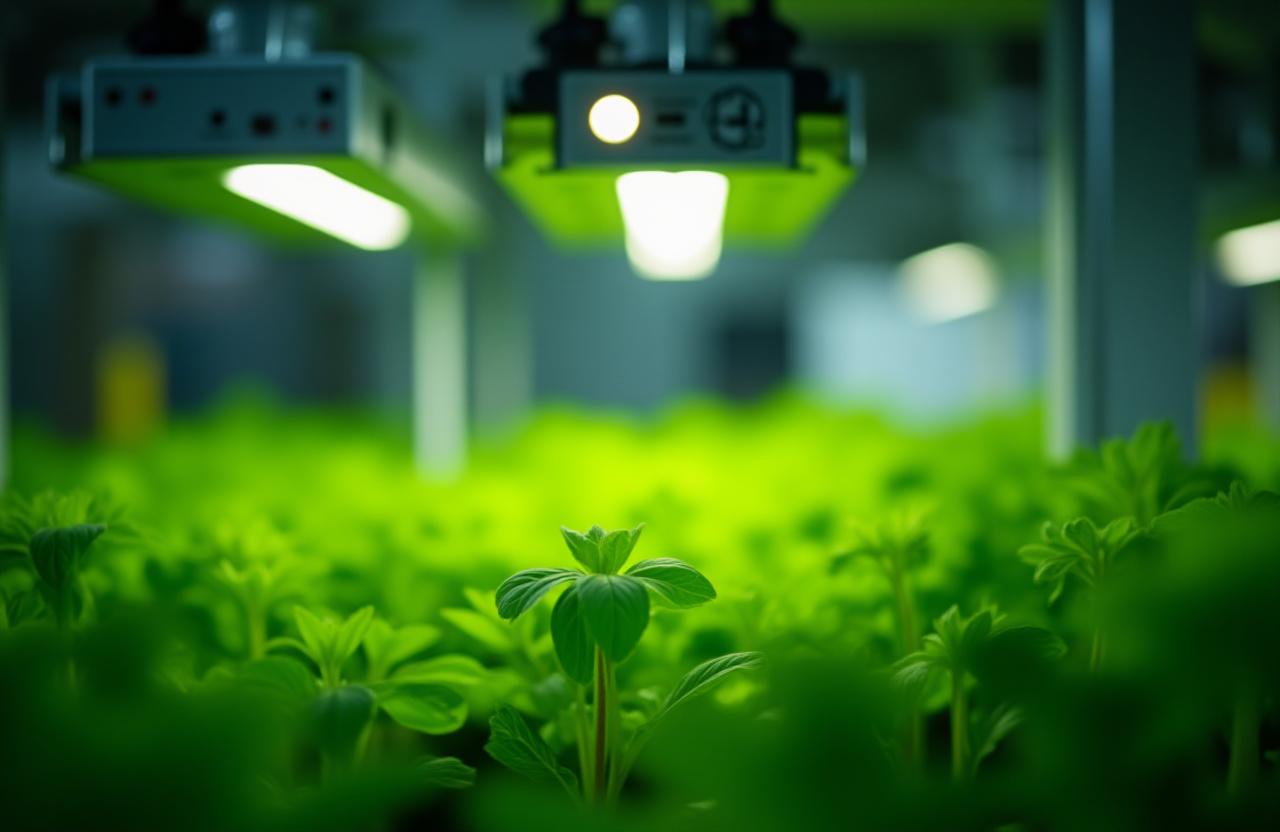 Advanced LED horticulture lighting system illuminating healthy plants